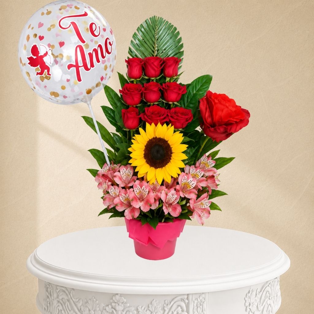 Arreglo de rosas con globo "Te Amo"