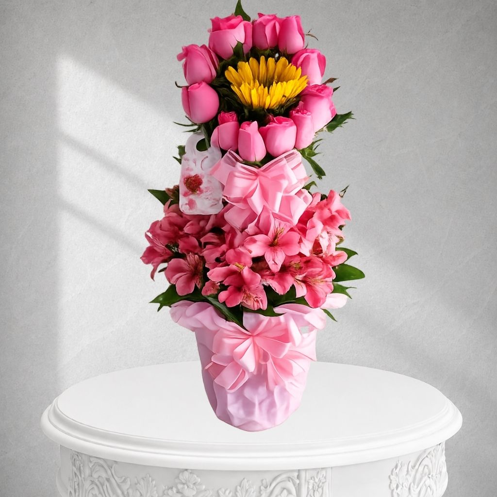 Rosas fucsias con girasol