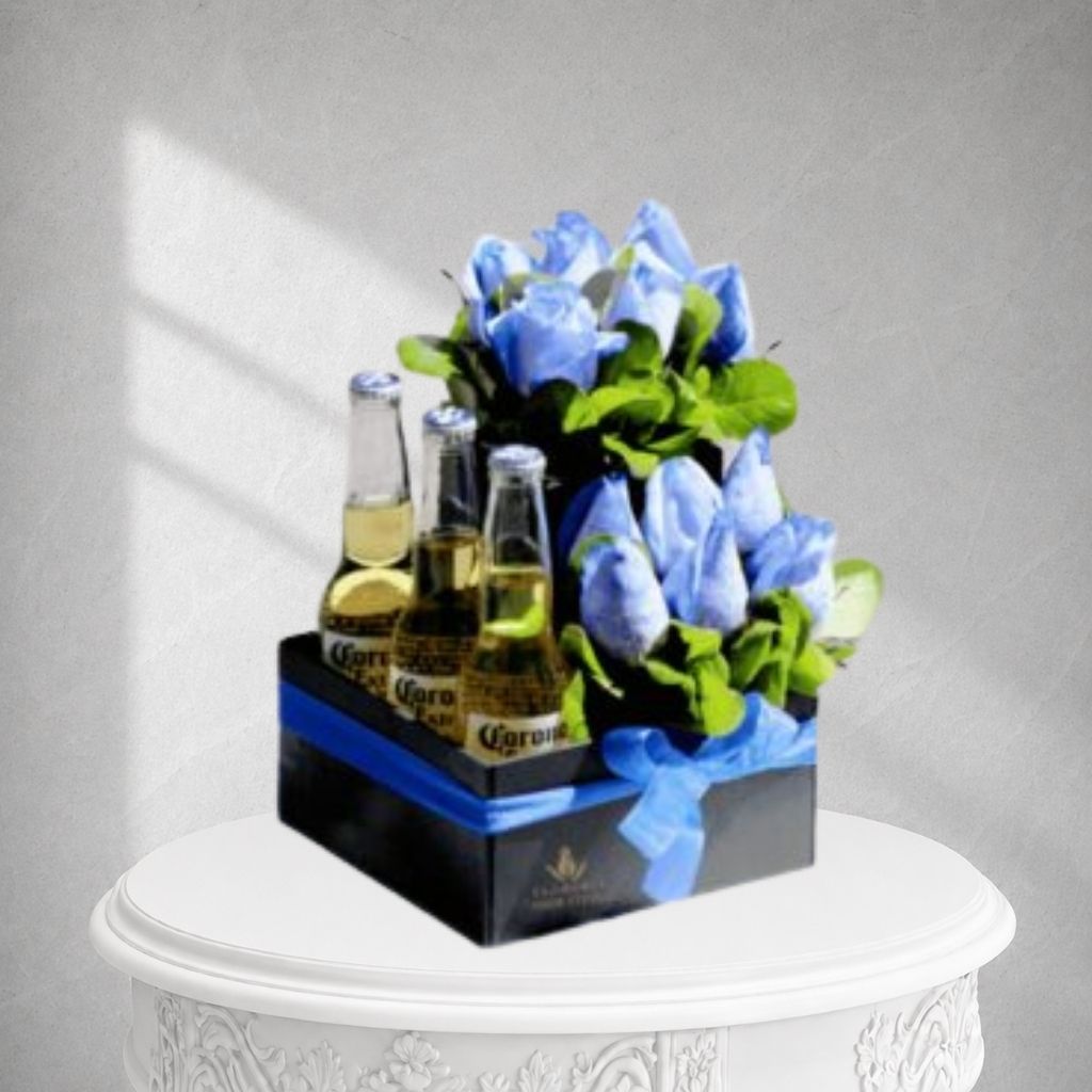 Box con rosas azules mas Cerveza