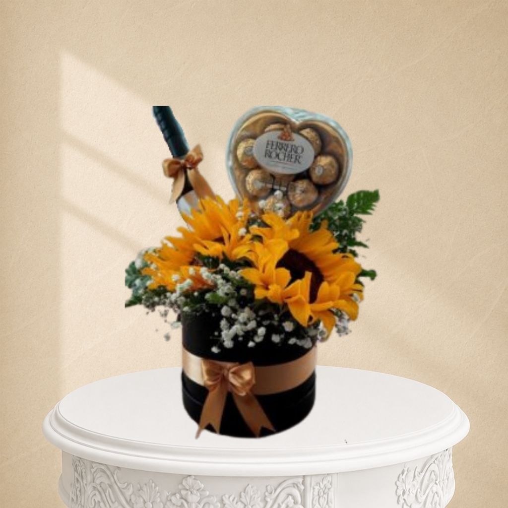 Box negro con girasol chocolate y vino.